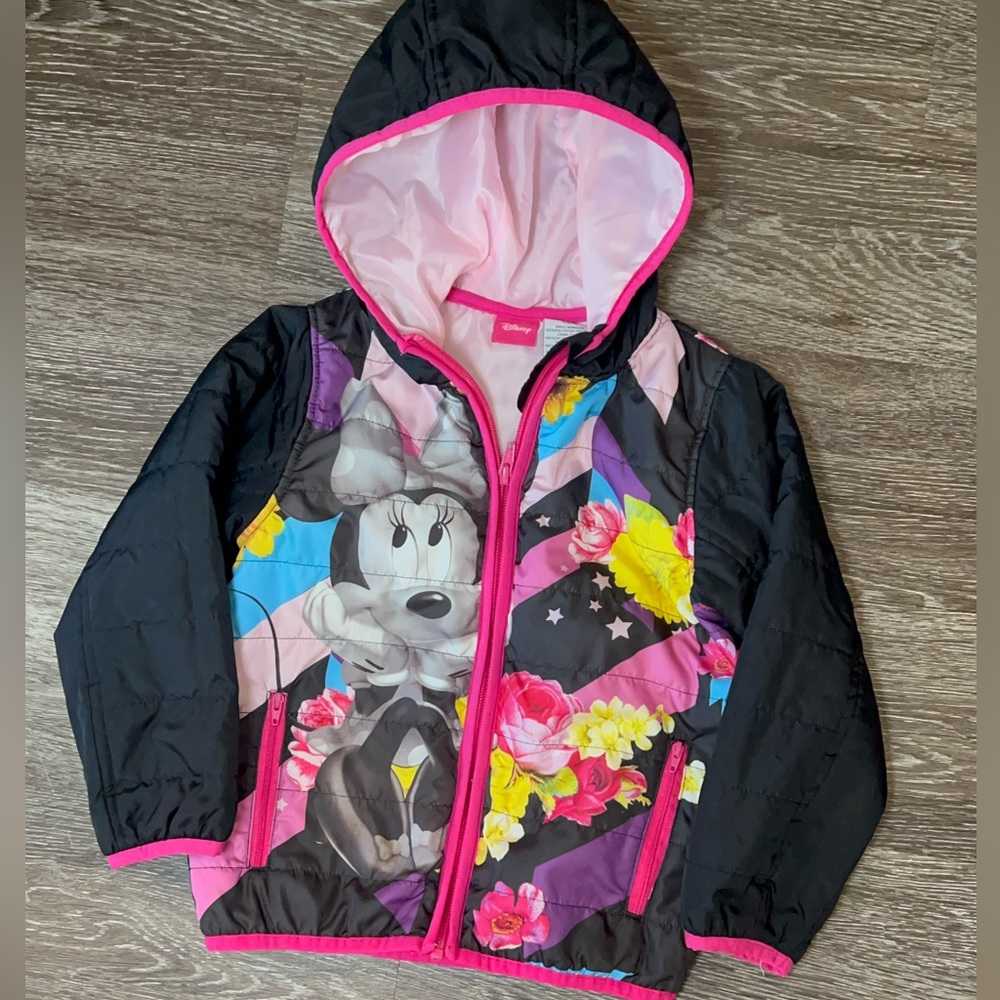 Disney Girls Black Pink Minnie Floral Hooded Jacket